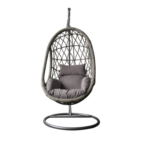 MACAN Κρεμαστή Πολυθρόνα, Wicker Grey, Μέταλλο Βαφή Γκρι, Μαξιλάρι Cappuccino